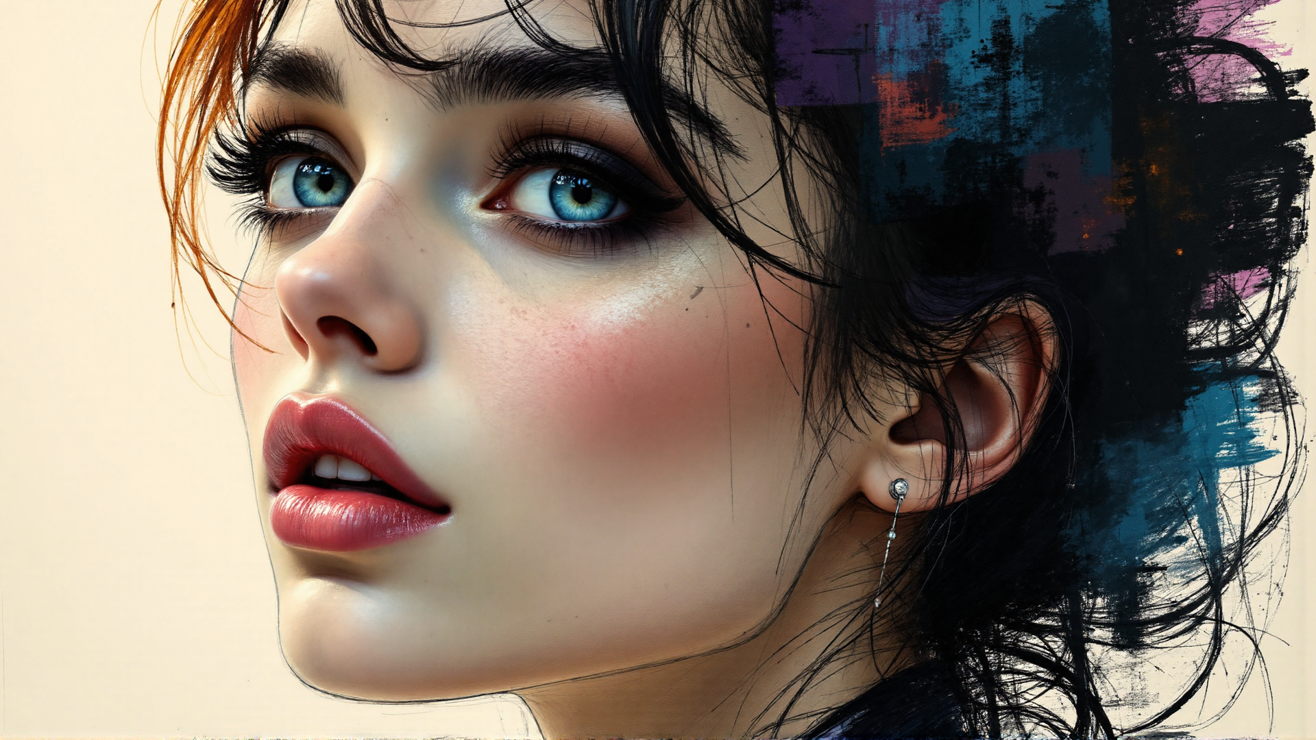 AI generated wallpaper featuring woman, portrait, hair, ear, eye