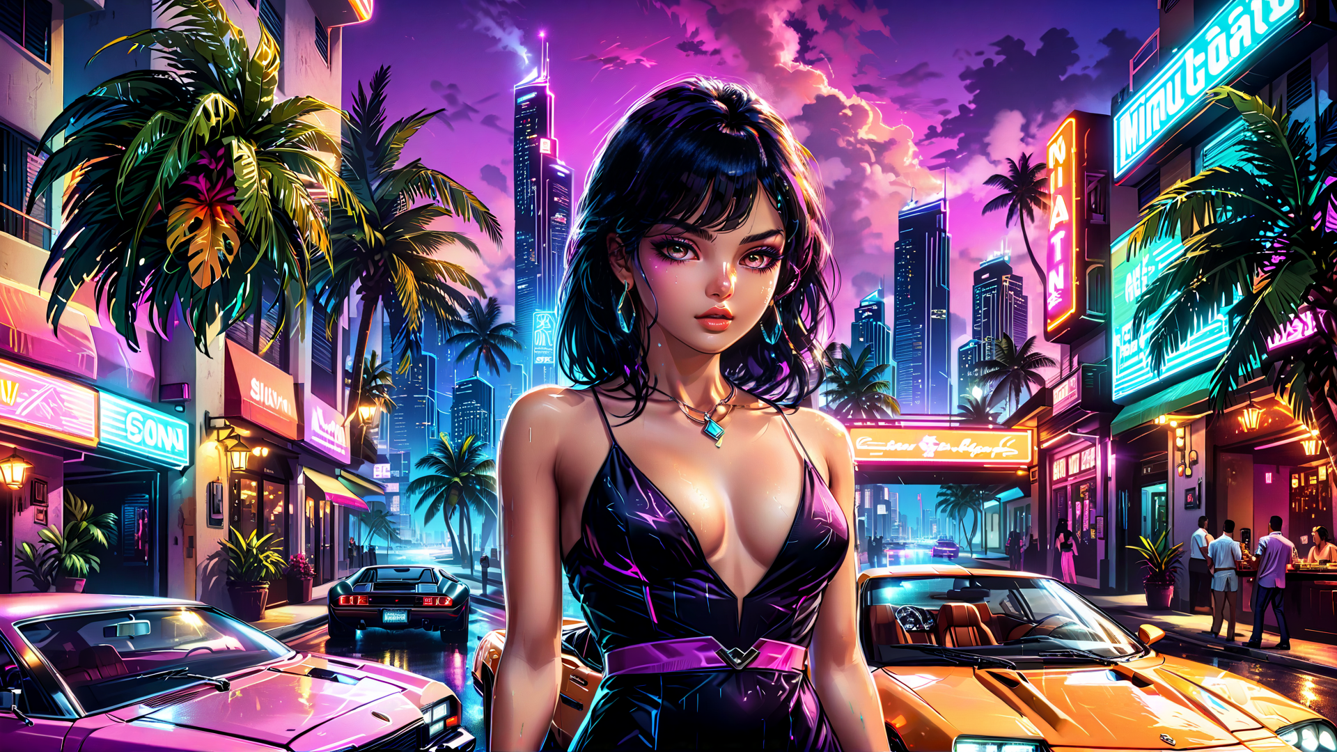 AI generated wallpaper featuring woman, city, cars, palm trees, neon signs