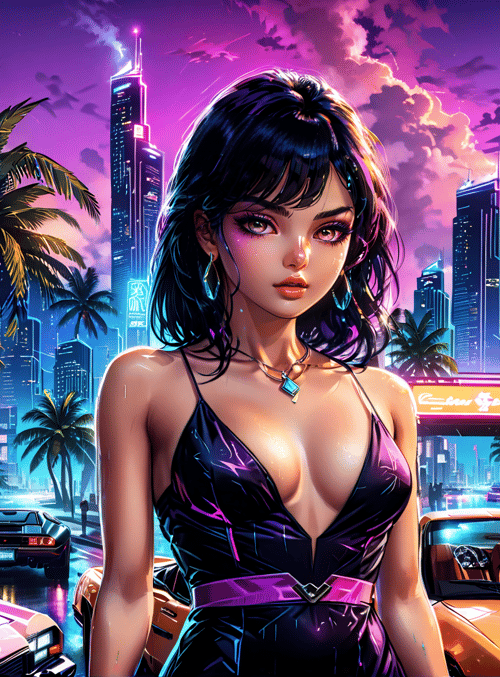 woman, city, cars, palm trees, neon signs