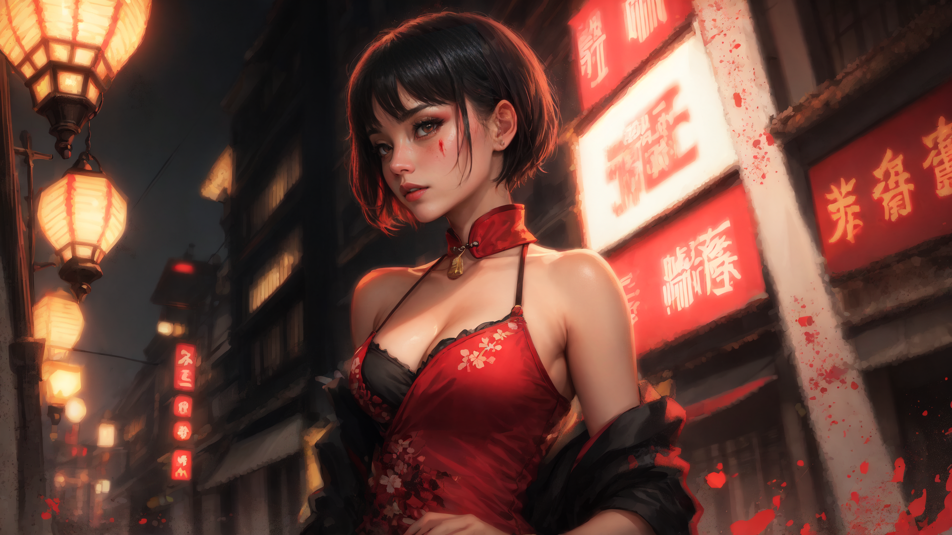 AI generated wallpaper featuring woman, red dress, lanterns