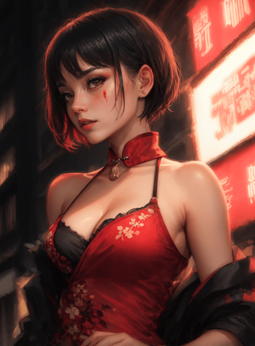 woman, red dress, lanterns