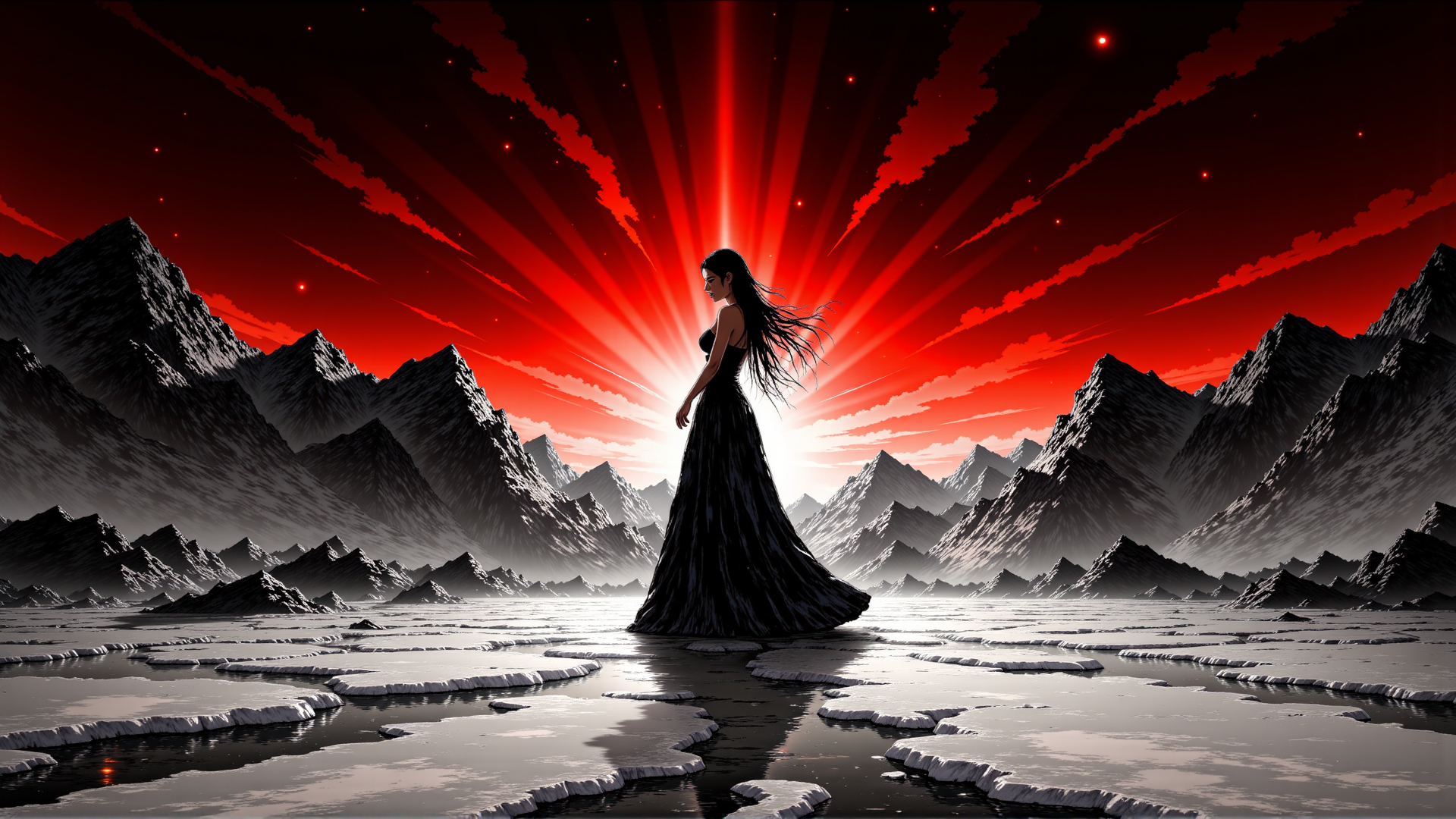 AI generated wallpaper featuring woman, mountains, ice, sun, sky
