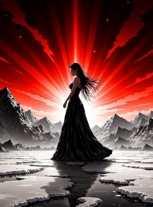 woman, mountains, ice, sun, sky