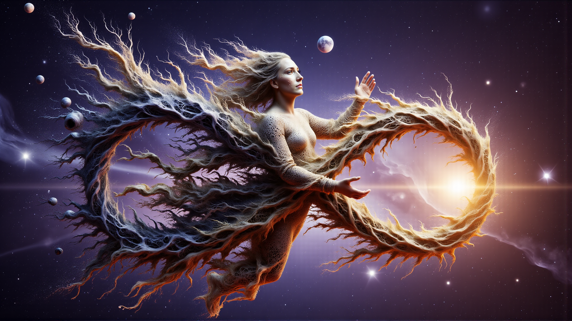 AI generated wallpaper featuring woman, hair, universe