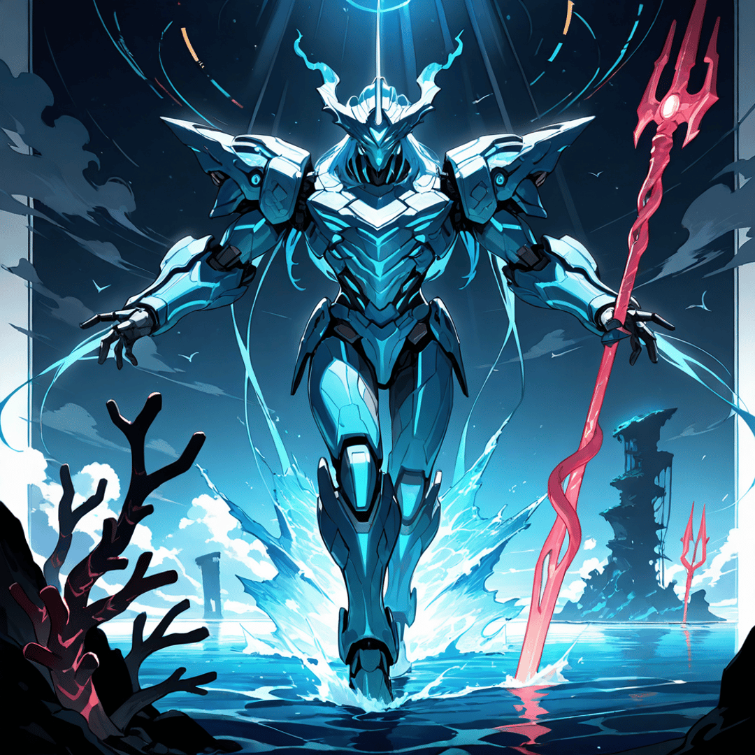 AI generated wallpaper featuring robot, armor, trident