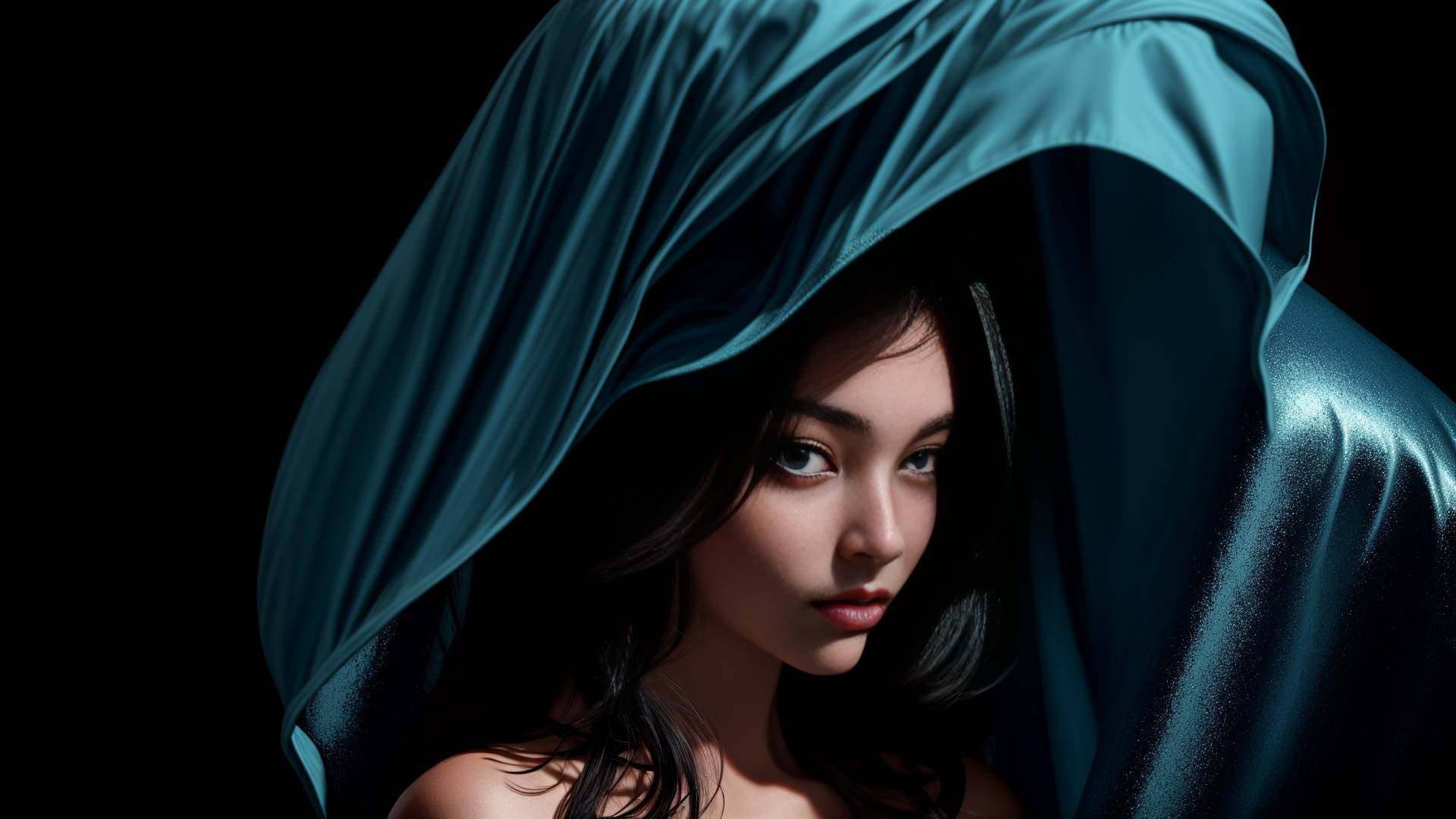 AI generated wallpaper featuring woman, hooded, silhouette