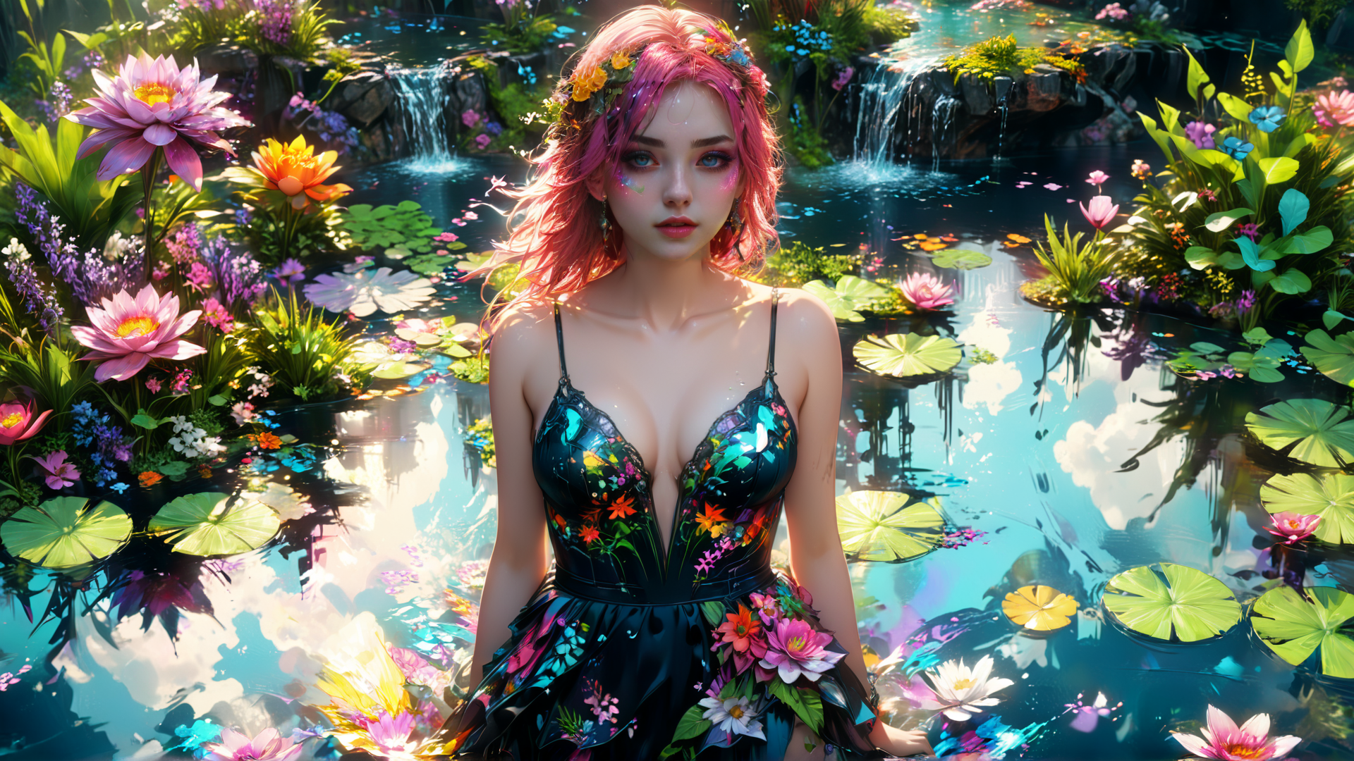 AI generated wallpaper featuring woman, lotus, water