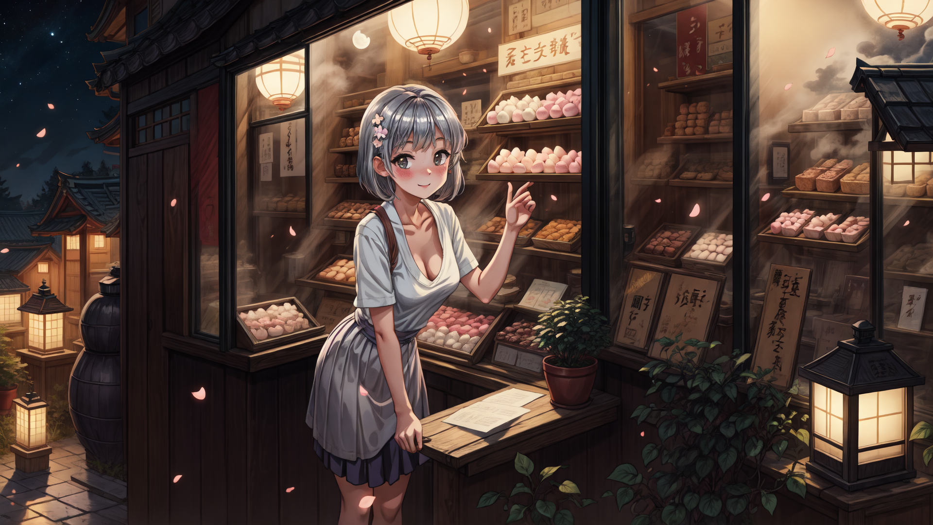 AI generated wallpaper featuring girl, bakery, shop, lanterns, pastries, pom-poms, pots, houses, signs, petals