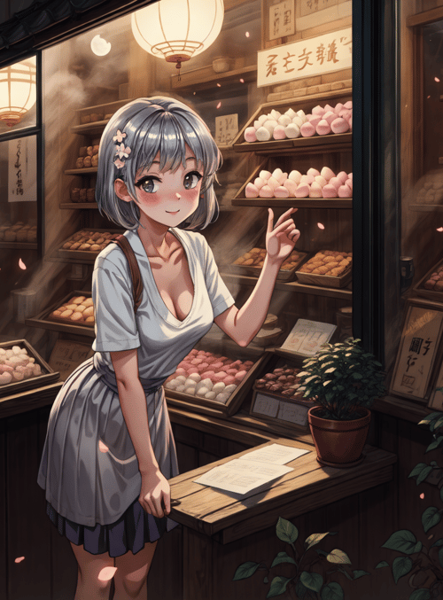 girl, bakery, shop, lanterns, pastries, pom-poms, pots, houses, signs, petals