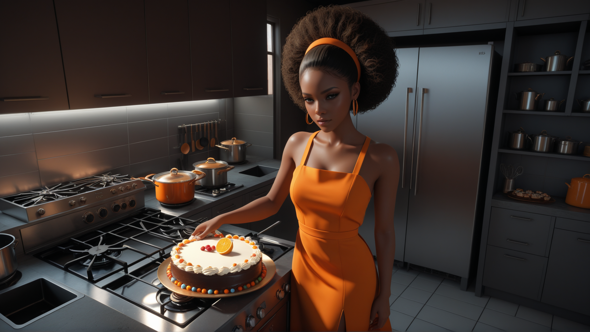 AI generated wallpaper featuring woman, cake, kitchen, refrigerator, cooktop, pots, pans, headband, dress, oranges