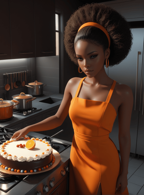 woman, cake, kitchen, refrigerator, cooktop, pots, pans, headband, dress, oranges