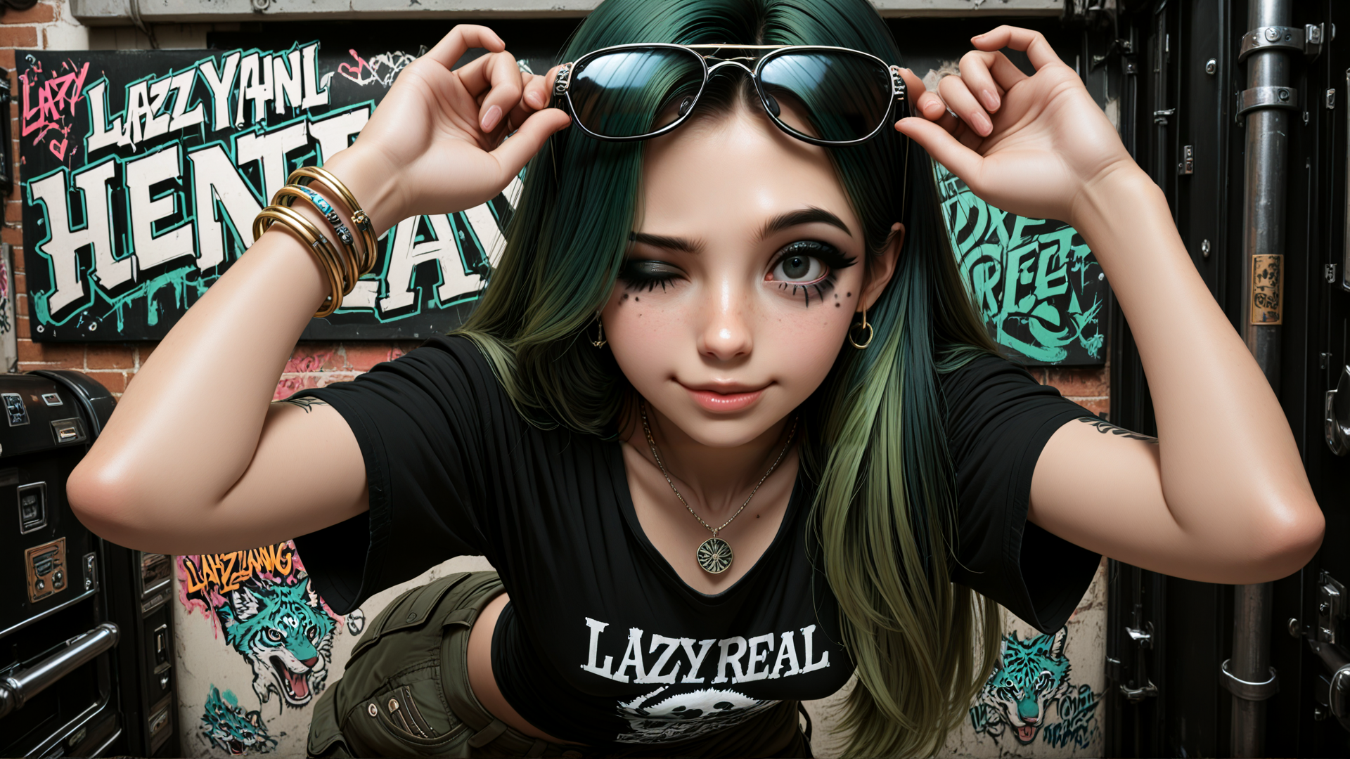 AI generated wallpaper featuring woman, sunglasses, tattoo, bracelet, t-shirt, chain, henna, hair, graffiti, glasses