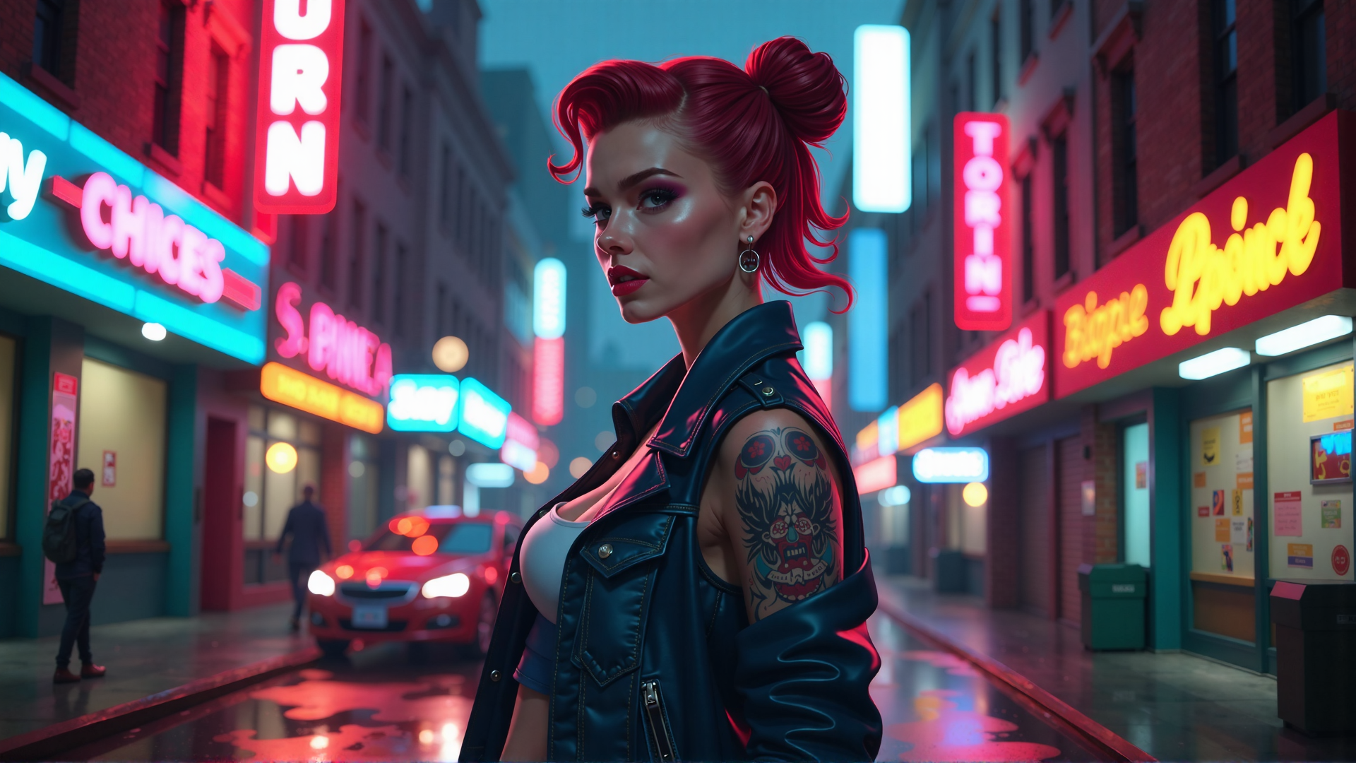 AI generated wallpaper featuring woman, tattoo, neon, street, city, car, building, sign, leather, hair