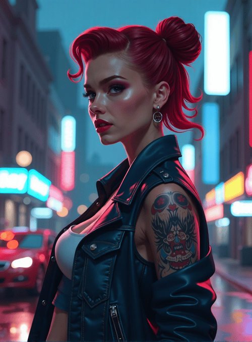 woman, tattoo, neon, street, city, car, building, sign, leather, hair