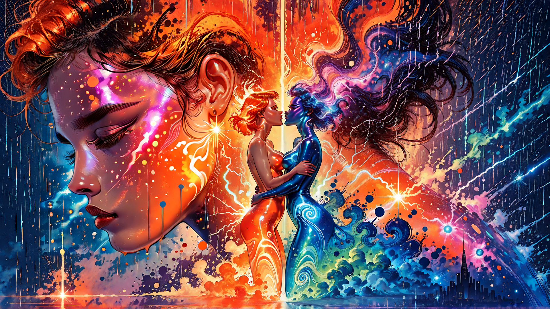 AI generated wallpaper featuring woman, face, couple, kiss, hair, cityscape, stars
