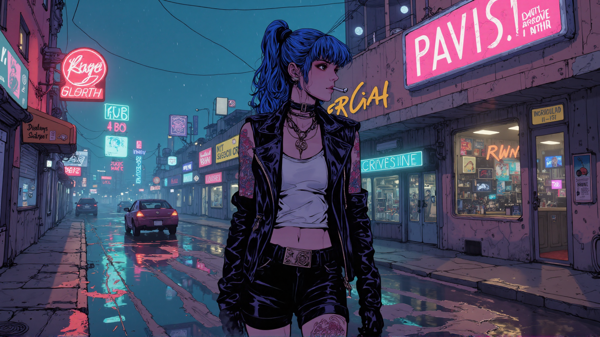 AI generated wallpaper featuring girl, street, neon, tattoo, car, sign, rain, urban, leather, building