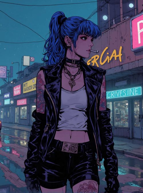 girl, street, neon, tattoo, car, sign, rain, urban, leather, building