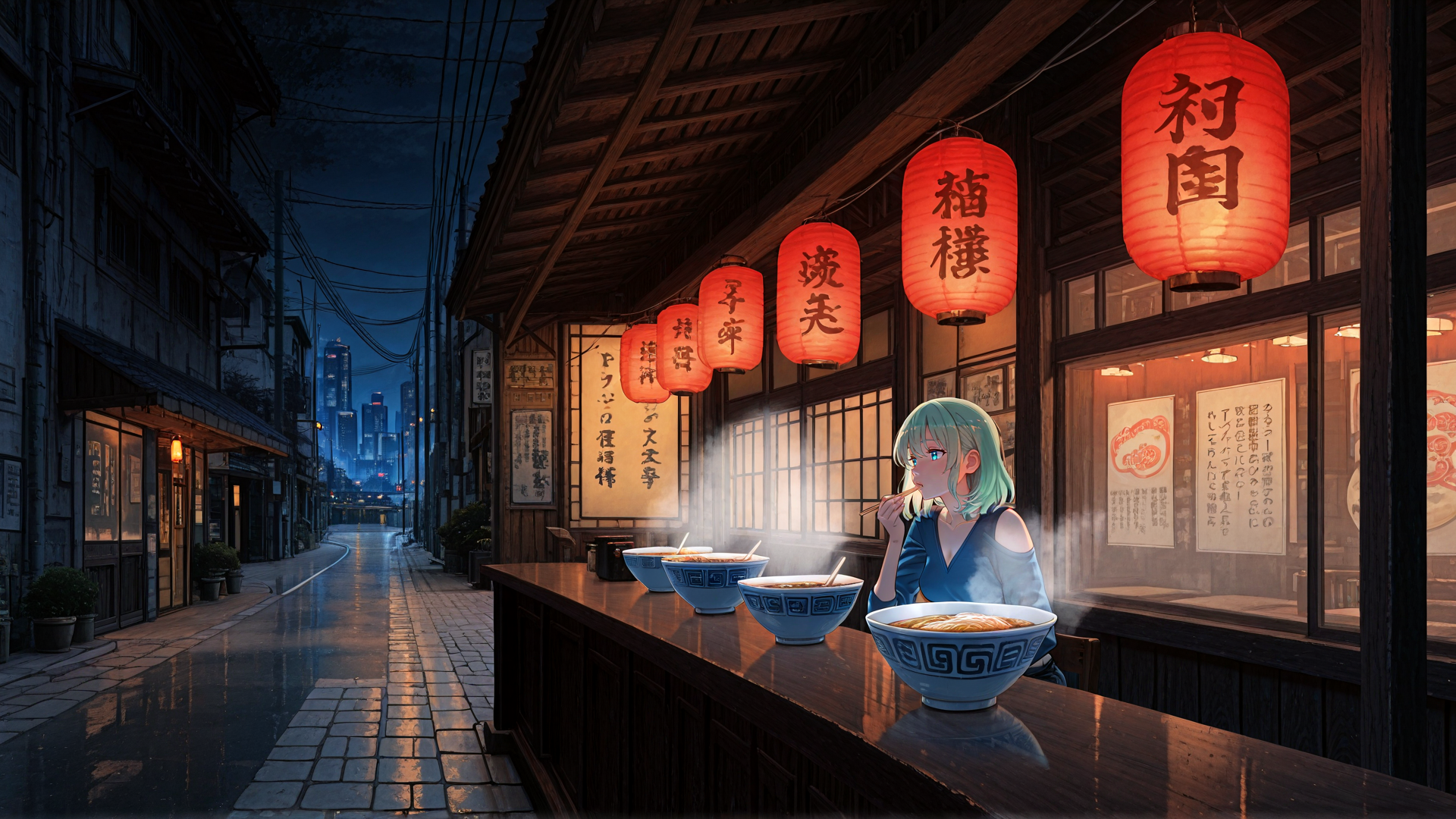 AI generated wallpaper featuring girl, ramen, lantern, street, building, noodle, bowl, sign, chopsticks, city