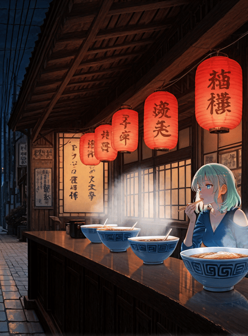 girl, ramen, lantern, street, building, noodle, bowl, sign, chopsticks, city