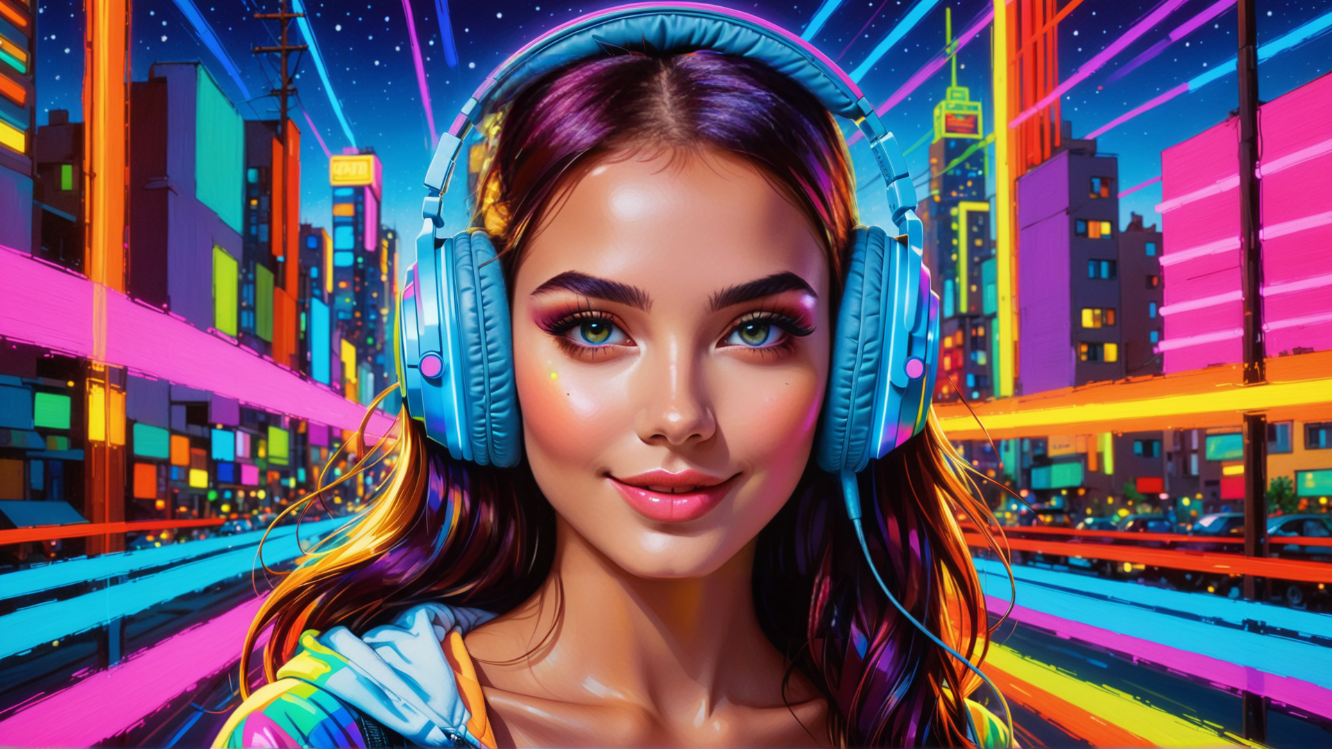 AI generated wallpaper featuring woman, headphones, cityscape