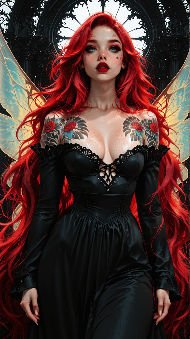 AI generated wallpaper featuring woman, fairy, angel, red hair, tattoo, dress