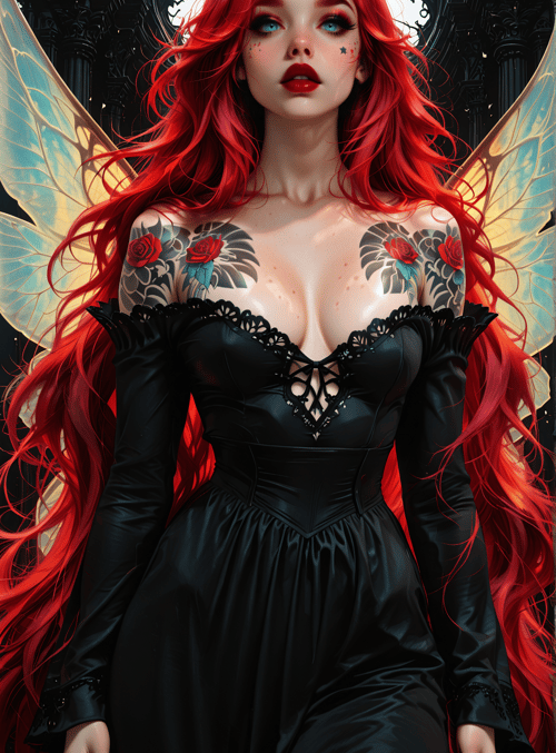 woman, fairy, angel, red hair, tattoo, dress