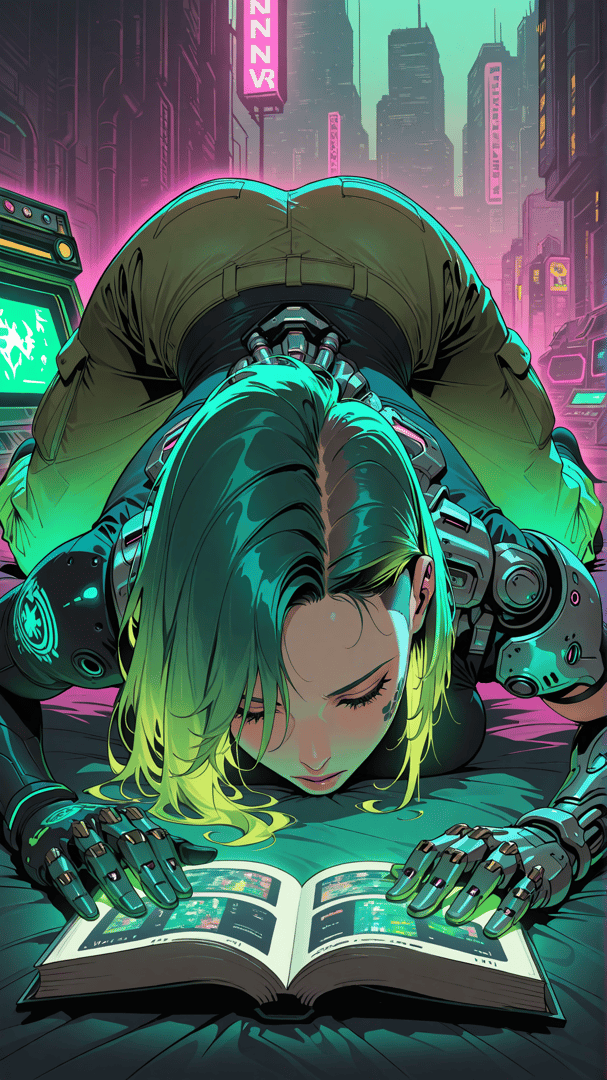 AI generated wallpaper featuring cyborg, woman, book, cityscape, neon