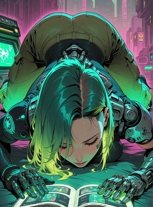 cyborg, woman, book, cityscape, neon