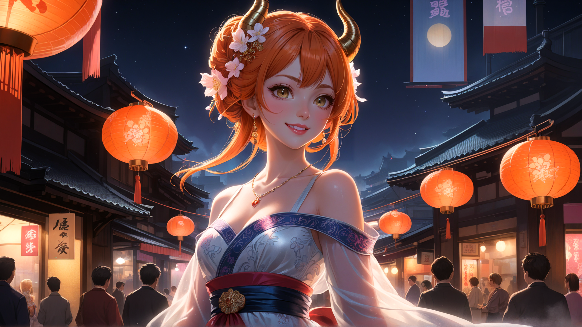 AI generated wallpaper featuring woman, lanterns, buildings, flowers, horns, japanese, dress, crowd, moon, chinese