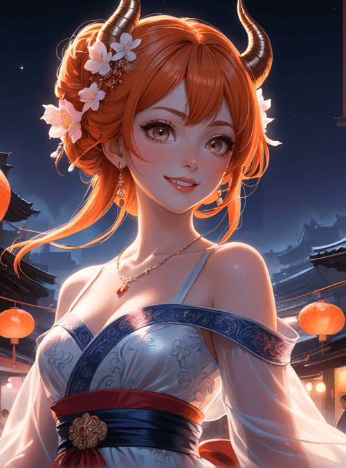 woman, lanterns, buildings, flowers, horns, japanese, dress, crowd, moon, chinese