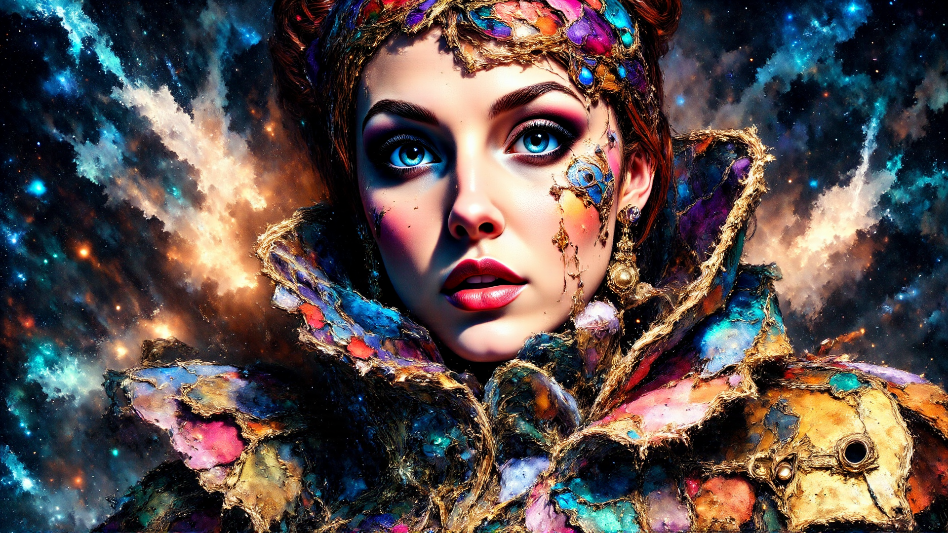 AI generated wallpaper featuring woman, cosmic, galaxy, headdress, jewelry, cape