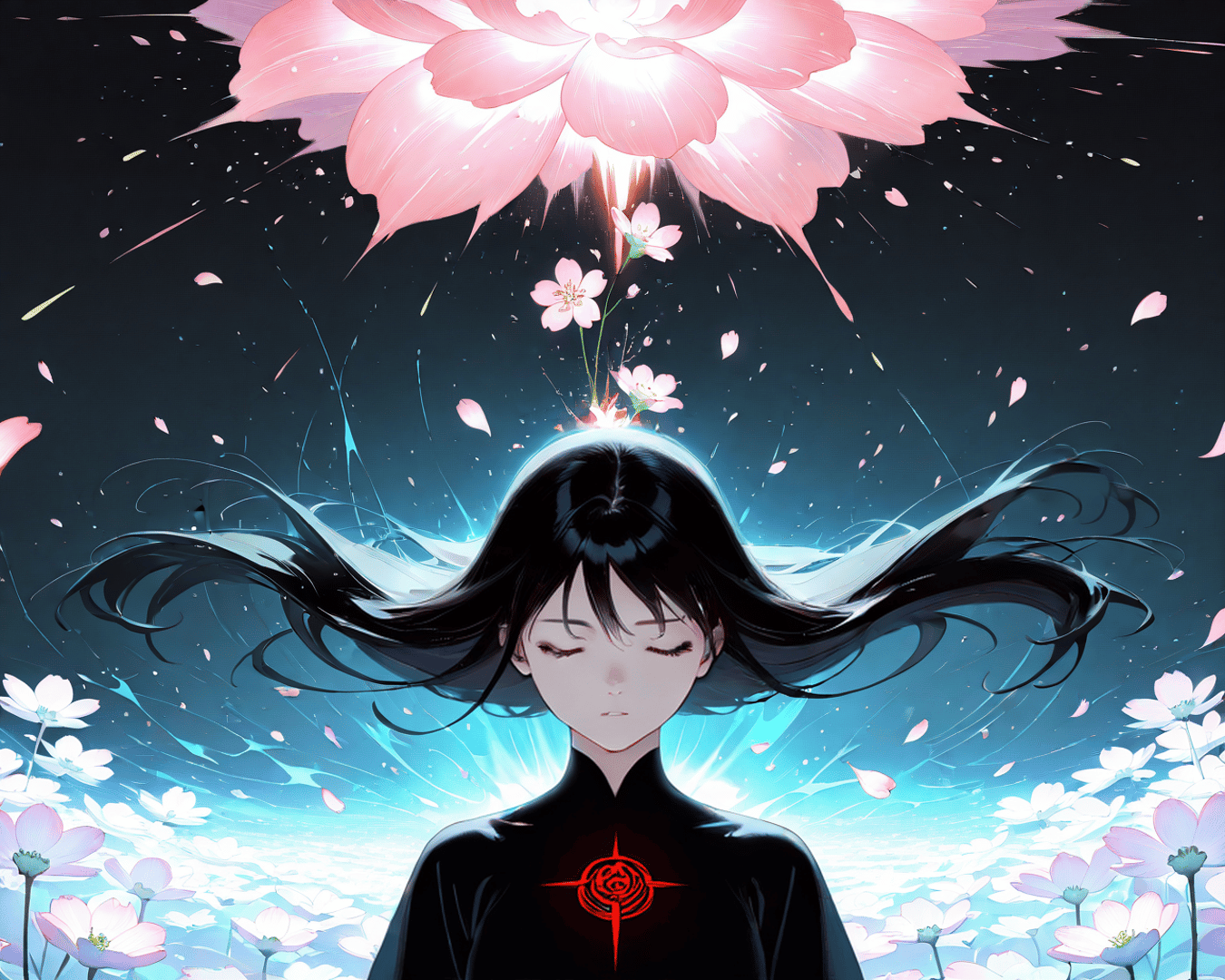 AI generated wallpaper featuring girl, flower, petals