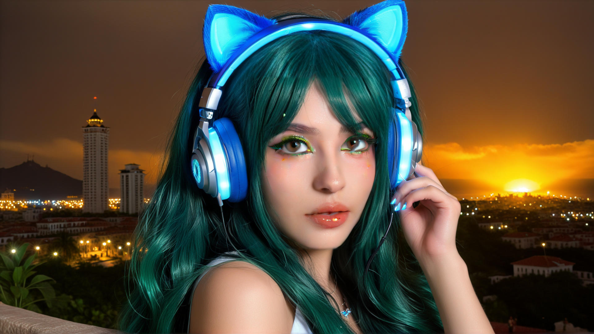 AI generated wallpaper featuring woman, headphones, cat ears