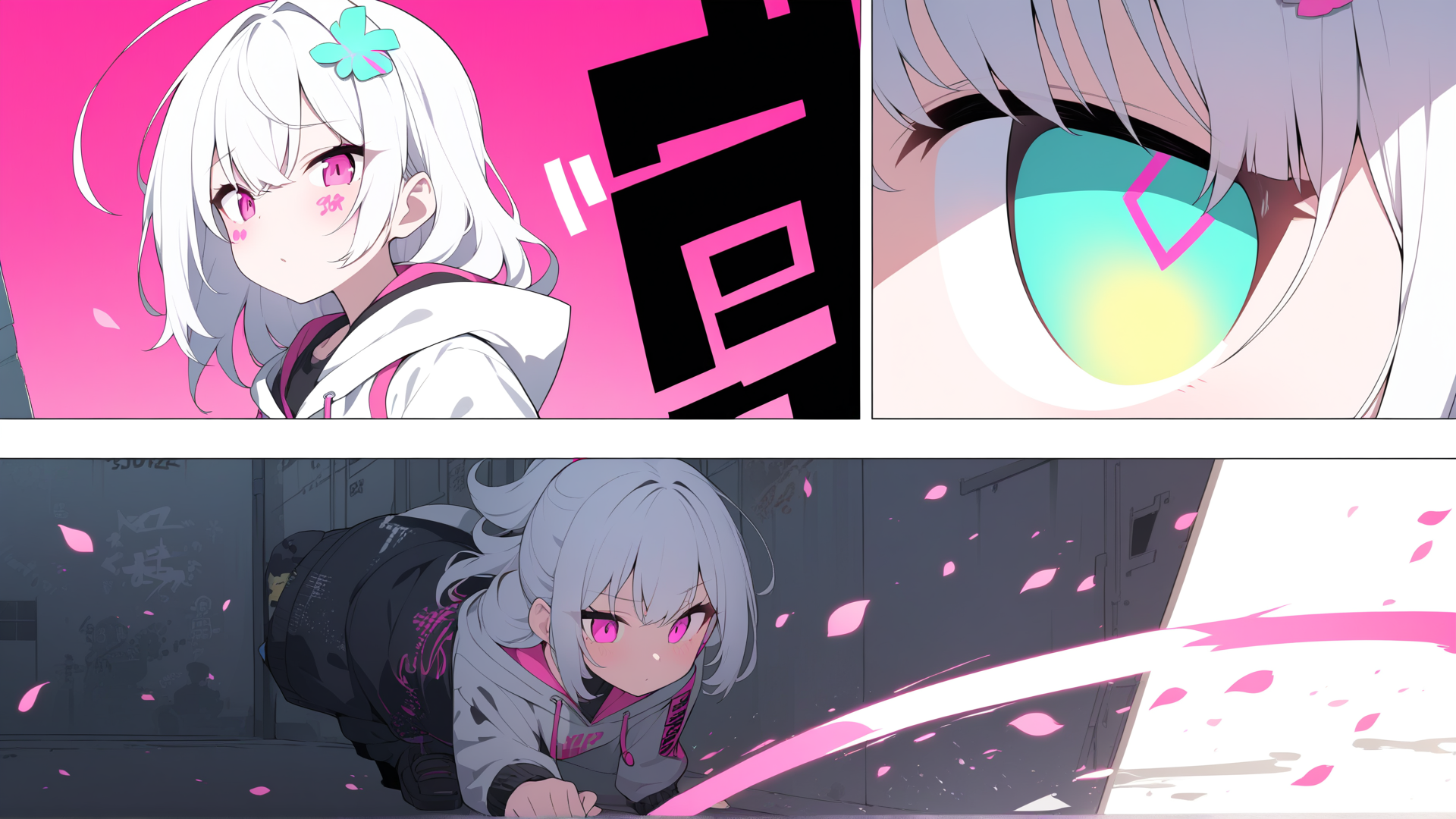 AI generated wallpaper featuring anime girl, pink eyes, cherry blossoms