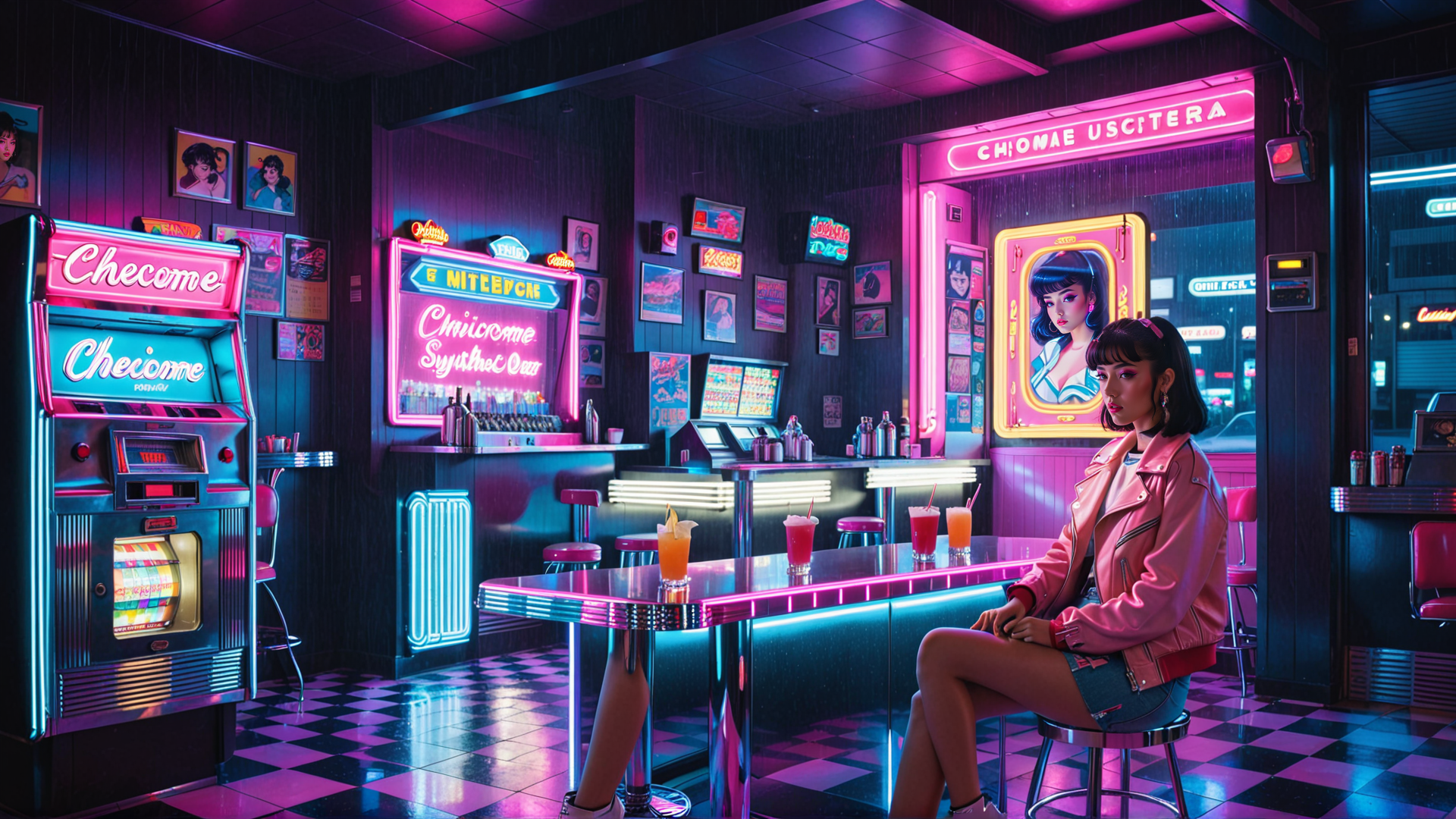 AI generated wallpaper featuring woman, vintage diner, jukebox