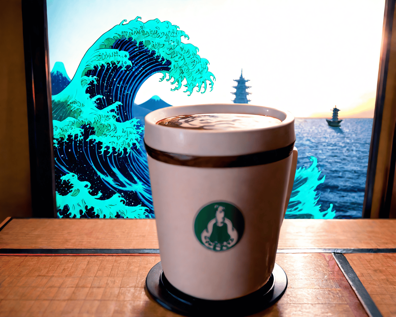AI generated wallpaper featuring coffee cup, wave, tower