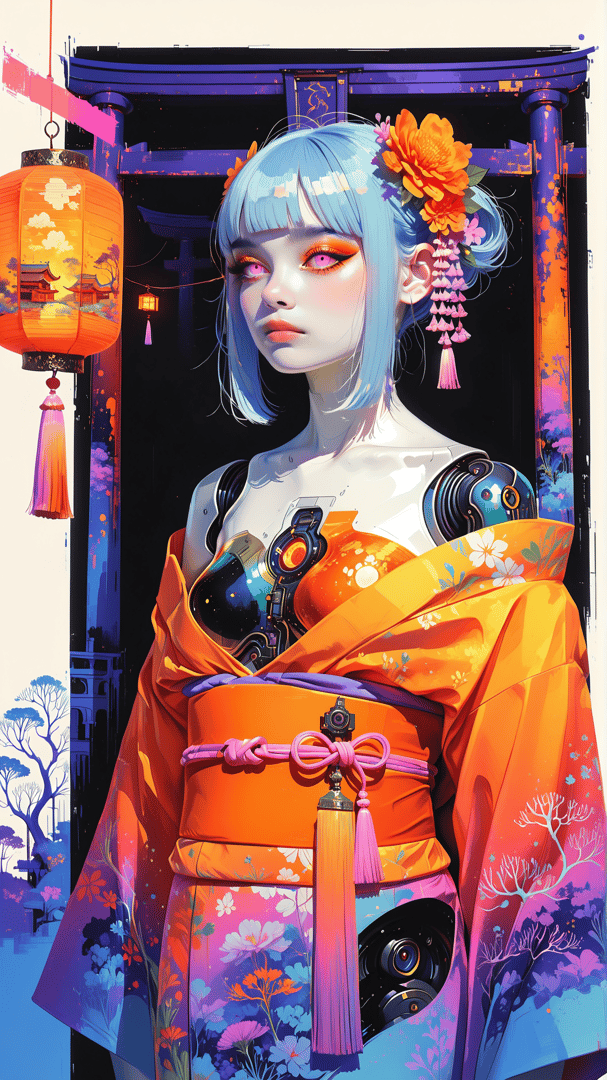 AI generated wallpaper featuring cyborg, geisha, lantern, traditional, costume, flowers, building