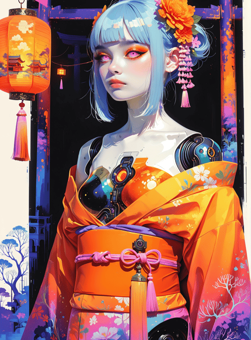 cyborg, geisha, lantern, traditional, costume, flowers, building