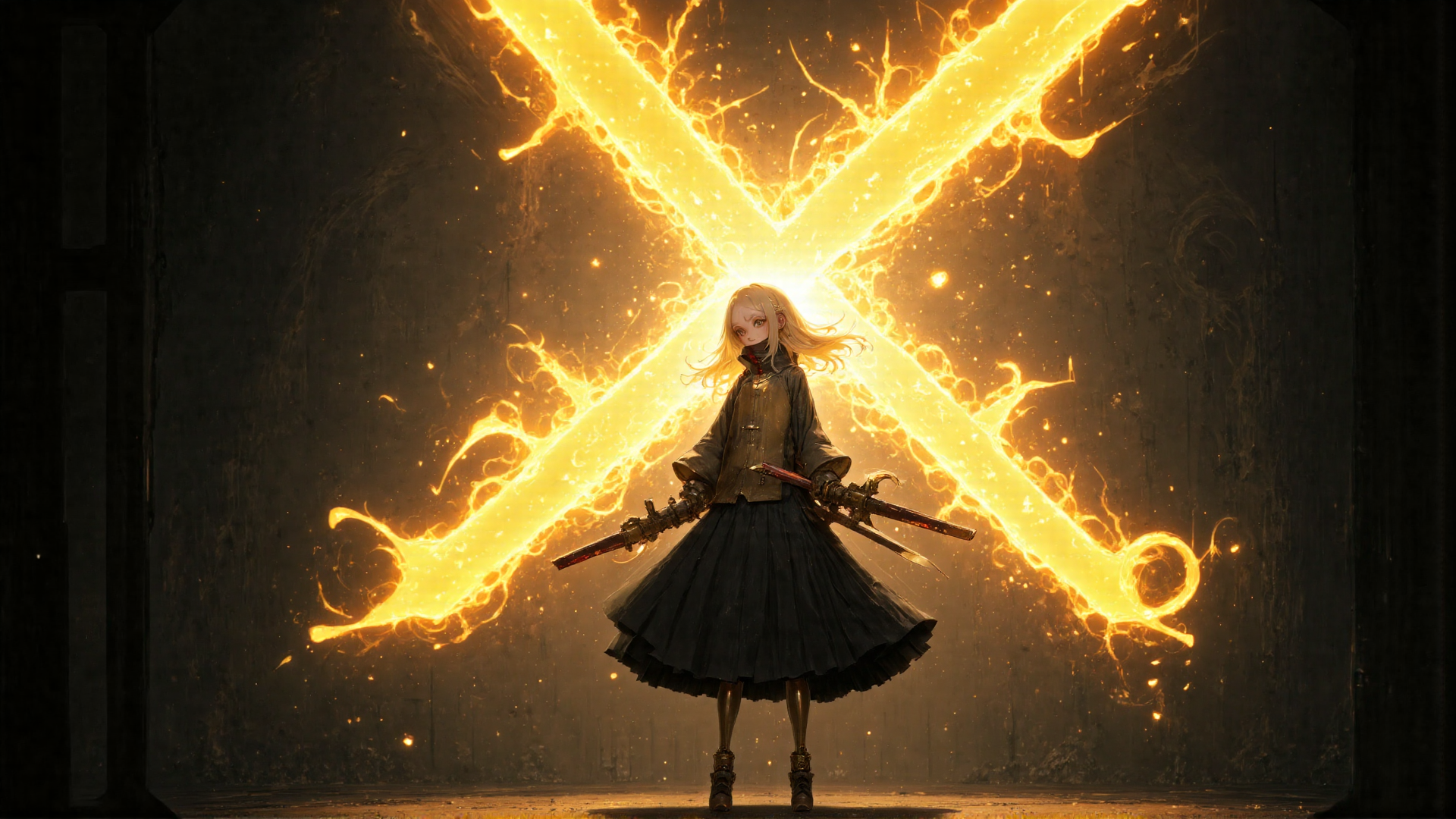 AI generated wallpaper featuring girl, sword, fire, light, dress