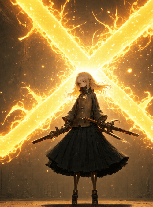 girl, sword, fire, light, dress