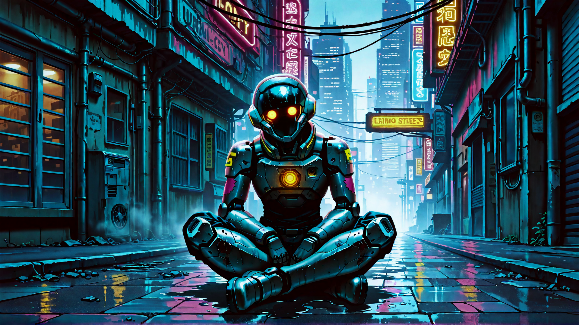 AI generated wallpaper featuring robot, city, alley