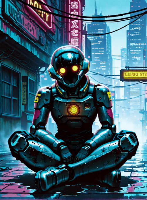robot, city, alley