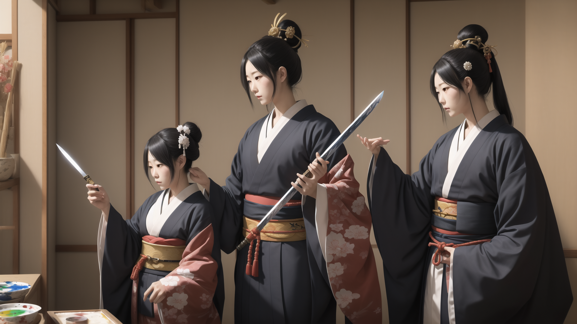 AI generated wallpaper featuring women, kimono, sword, traditional, hairpin, room