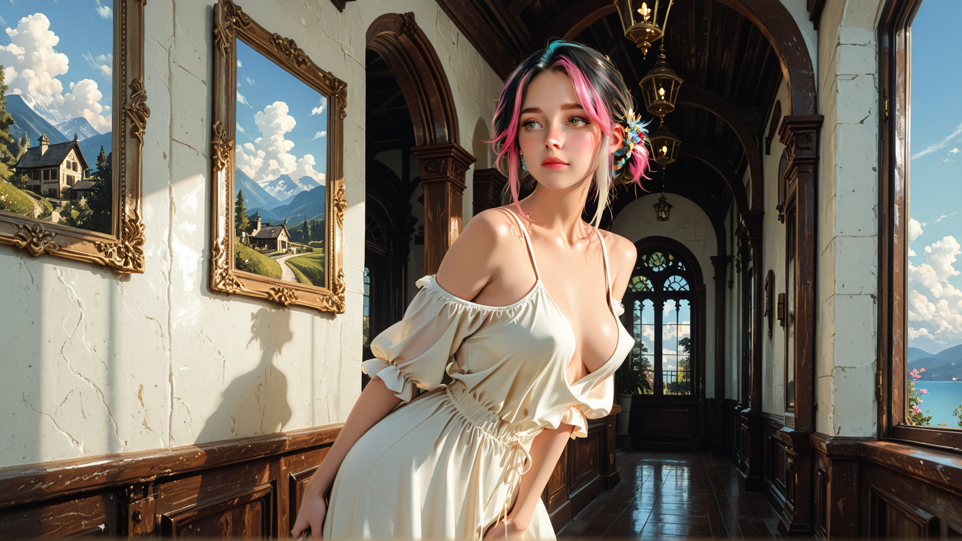 AI generated wallpaper featuring woman, dress, hallway, paintings, flowers, arches, window, chandelier