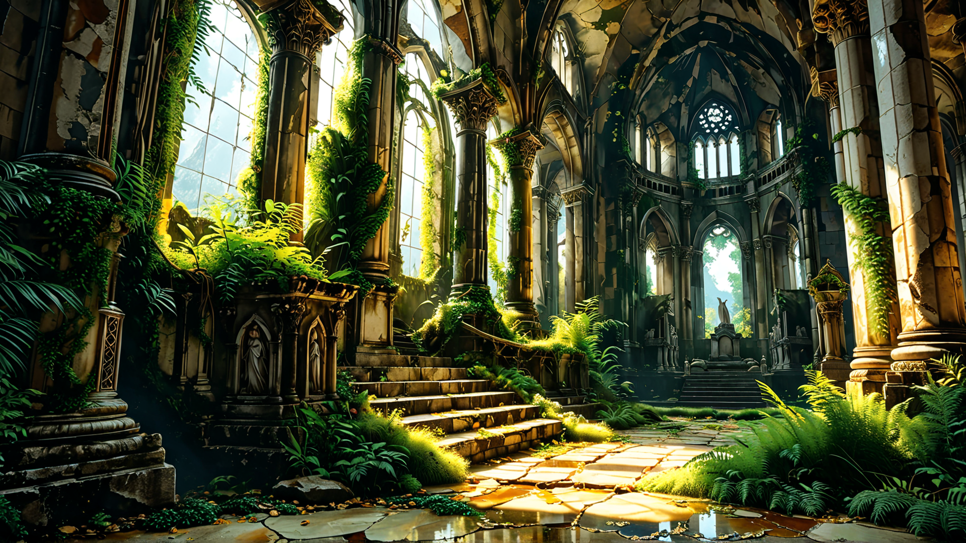 AI generated wallpaper featuring church, ruins, greenery, columns, staircase, plants, arches, statues, frescoes, windows