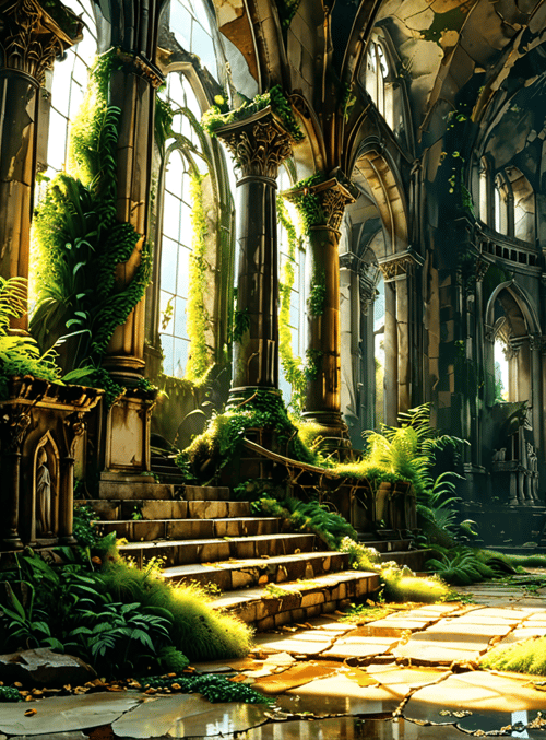 church, ruins, greenery, columns, staircase, plants, arches, statues, frescoes, windows