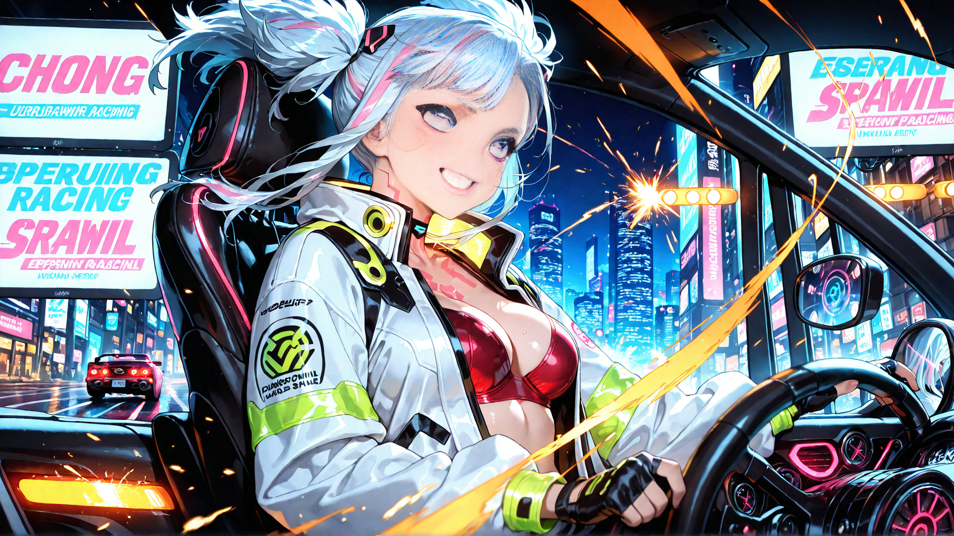 AI generated wallpaper featuring girl, driver, car