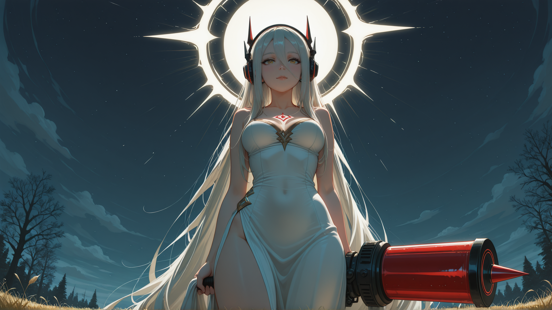 AI generated wallpaper featuring anime girl, headphones, sword, moon, trees, sky