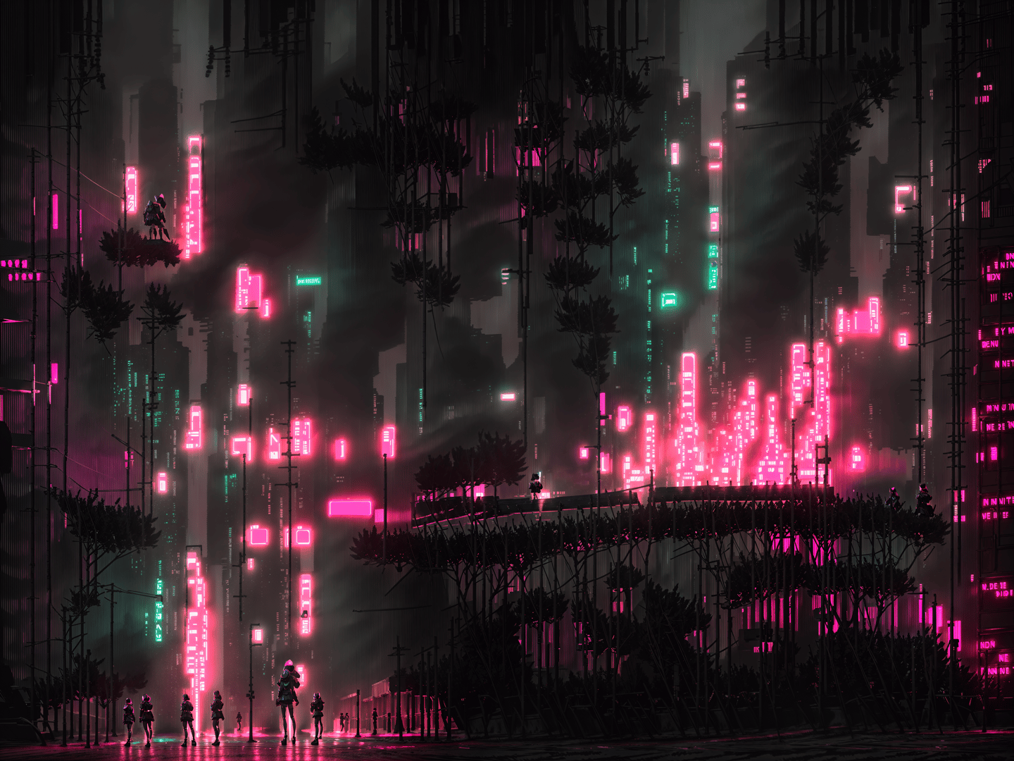 AI generated wallpaper featuring city, people, trees