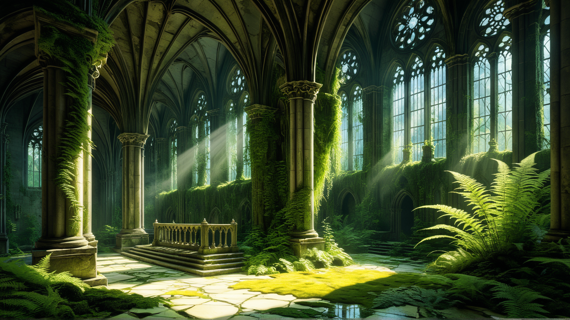 AI generated wallpaper featuring cathedral, columns, ferns, mosaic, vines, stained glass, sunlight, stone, arches, moss